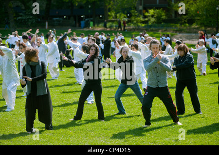 Teilnehmer durchführen ihre Tai Chi Übungen, während der Welt Tai Chi Tage im Central Park East Meadow, New York Stockfoto