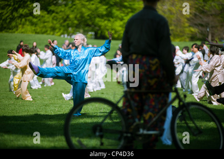 Teilnehmer durchführen ihre Tai Chi Übungen, während der Welt Tai Chi Tage im Central Park East Meadow, New York Stockfoto