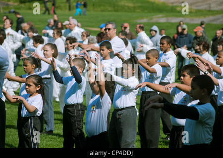 Teilnehmer durchführen ihre Tai Chi Übungen, während der Welt Tai Chi Tage im Central Park East Meadow, New York Stockfoto