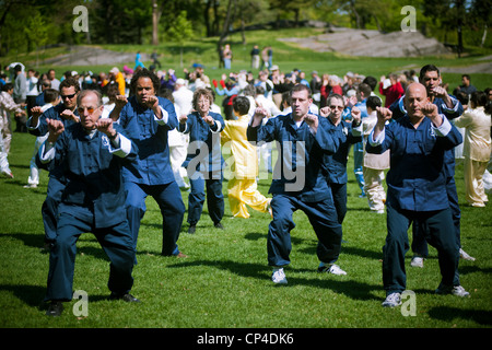 Teilnehmer durchführen ihre Tai Chi Übungen, während der Welt Tai Chi Tage im Central Park East Meadow, New York Stockfoto