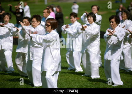 Teilnehmer durchführen ihre Tai Chi Übungen, während der Welt Tai Chi Tage im Central Park East Meadow, New York Stockfoto