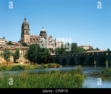 Spanien Castilla y Leon Salamanca, Altstadt (UNESCO-Kulturerbe, 1988). Römische Brücke über den Fluss Tormes New Dom Altstadt. Stockfoto