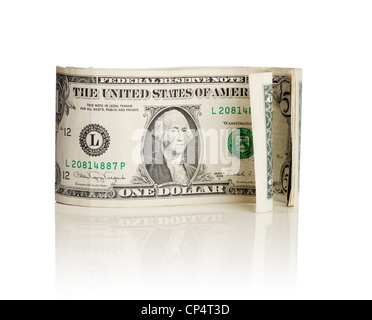 Alten lockigen US-Dollarnoten isoliert auf weiss mit natürliche Reflexion. Stockfoto