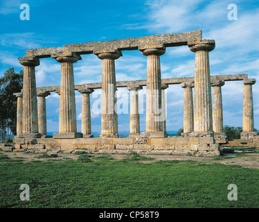 Palatin Tabellen, bleibt der dorische Tempel Hera in archäologischen Stätte in Metaponto, Basilikata, Italien gewidmet. Antike Stockfoto