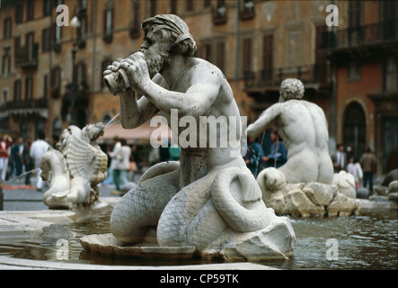 Lazio Rom - Roma, Piazza Navona. Fontana del Moro: geschnitzt und im Jahre 1654 von Giovanni Antonio Mari von Lorenzo Bernini entworfen. Stockfoto