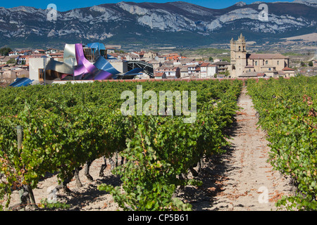 Spanien, La Rioja-Gebiet, Provinz Alava, Elciego, Blick auf die erhöhten Stadt und Hotel Marques de Riscal, entworfen von Architekt Frank Gehry Stockfoto