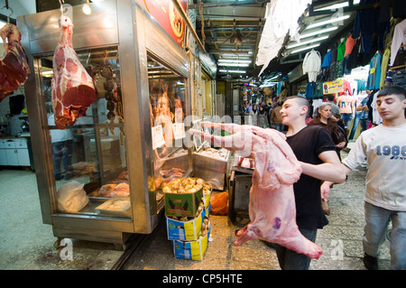 Frische geschlachteten Schafen kommt in der Fleischerei im muslimischen Viertel in der Altstadt von Jerusalem. Stockfoto