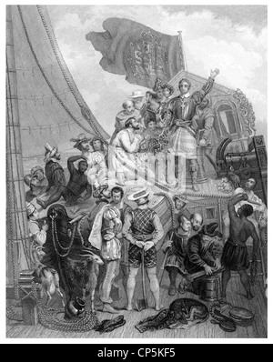 Die Entdeckung Amerikas 1492 vom Seefahrer Christopher Columbus, 1451-1506, Columbus entdeckt Amerika Stockfoto