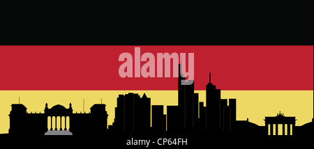 Berliner Skyline mit Turm und Brandenburger Tor-deutsche Flagge als Hintergrund Stockfoto