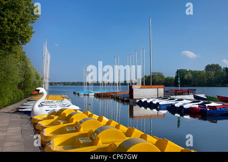 Gelbe Tretboote am Maschsee, ein künstlicher See in Hannover, Niedersachsen, Deutschland Stockfoto