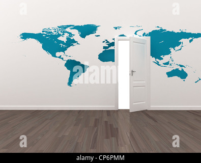 Weltkarte auf eine Wand mit offener Tür gemalt Stockfoto