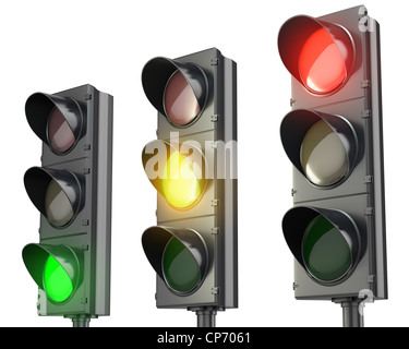 Drei Ampeln, rot-grün und gelb, isoliert auf weißem Hintergrund Stockfoto