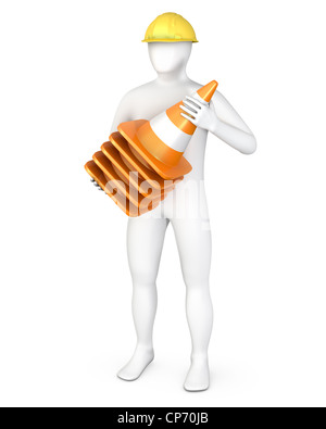 Arbeitnehmer mit einem Stack von Straße Zapfen, isoliert auf weiss Stockfoto