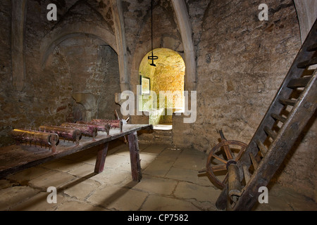 Verhör Instrumente zur Folterkammer in der mittelalterlichen Burg Beaufort, Großherzogtum Luxemburg Stockfoto