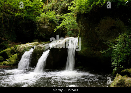 Kaskade und alte Brücke Schiessentümpel über der schwarzen Ernz in der kleinen Schweiz / Müllerthal, Luxemburg Stockfoto