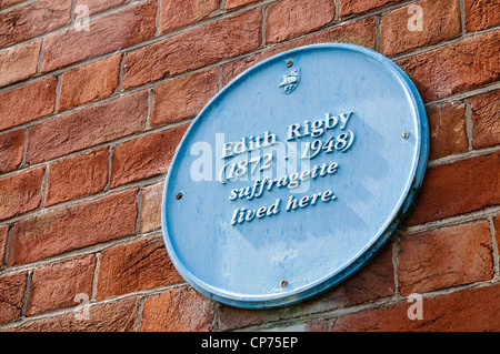 Blaue Plakette im Winckley Square, Preston, am Haus wo Edith Rigby einst lebten. Stockfoto