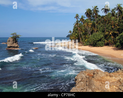 Wilden tropischen Strand mit üppiger Vegetation und felsige Insel, Costa Rica, Manzanillo, Mittelamerika Stockfoto