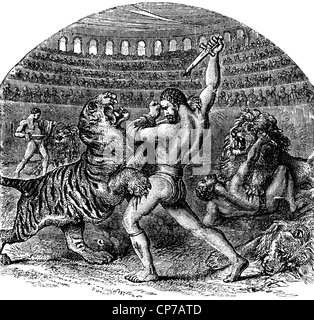 Gravur der Gladiatoren kämpfen wilden Tiger und Löwen im Kolosseum Amphitheater, Rom. Von D. Rose veröffentlicht und herausgegeben von H. W. D Stockfoto