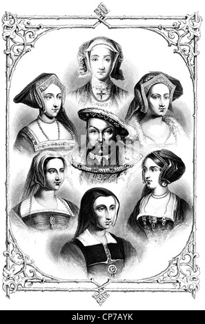 König Henry VIII und sechs Frauen in alten Rahmen. Stockfoto