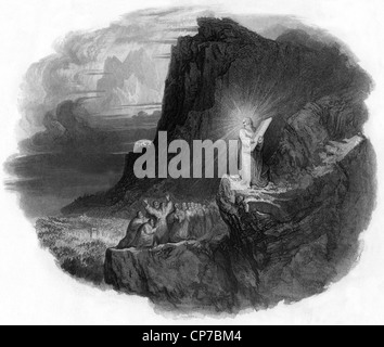 Vignette von Moses mit zehn Gebote Steintafel des Berges Sinai, Masse der Leute im Hintergrund. Stockfoto