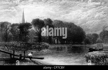 Gravur des Bootes am Fluss Avon, Stratford-Upon-Avon, Warwickshire, England. Kupferstich von William Miller - 1868 Stockfoto