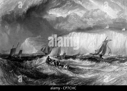 Segeln in rauer See mit weißen Klippen von Dover im Hintergrund, England. Gestochen von William Miller im Jahre 1838. Stockfoto