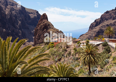 Masca-Dorf in den Barranco von Masca auf des Teno-Massivs in Teneriffa, Kanarische Inseln, Spanien, La Gomera am Horizont Stockfoto