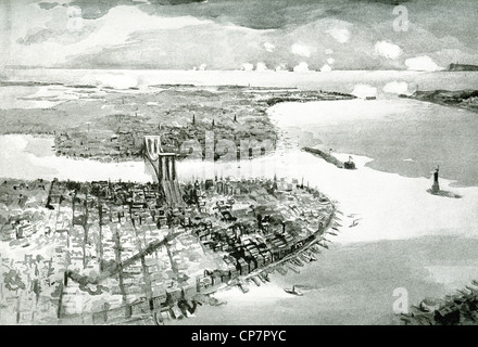 Diese 1898 Illustration zeigt New York Harbor, mit der Statue of Liberty und Brooklyn Bridge. Stockfoto