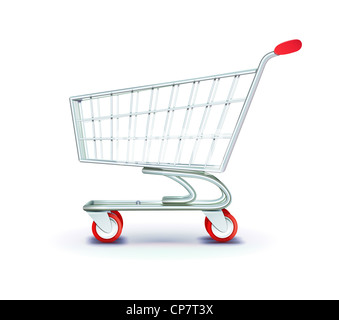 Darstellung der Seite Ansicht leeren Supermarkt Einkaufswagen isoliert auf weißem Hintergrund. Stockfoto
