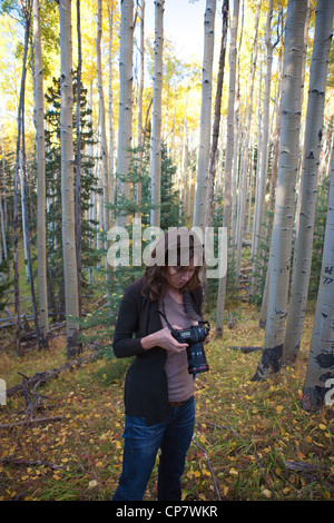 Frau, die im Display der digitalen slr-Kamera in einem Wald. Stockfoto