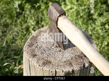Axt mit Pack für Kabine gegen einen grünen Rasen Stockfoto