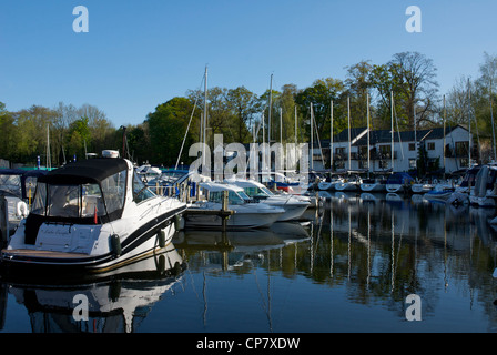 Boote vor Anker in Windermere Marina, in der Nähe von Bowness, Nationalpark Lake District, Cumbria, England UK Stockfoto