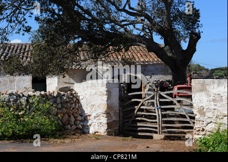 Landwirtschaftliche Gebäude mit typisch menorquinischen Olivenholz Tor, Trebaluger in ländlichen Menorca, Spanien, Balearen Stockfoto