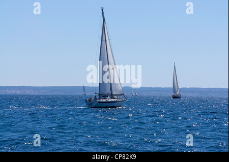 Yachten, Segeln in der Bucht von Palma auf der Insel Mallorca. Stockfoto