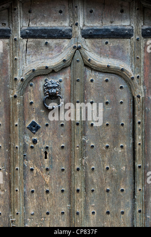 Alte hölzerne Eichentür mit Löwenkopf Türklopfer, Oxford, Oxfordshire, England Stockfoto