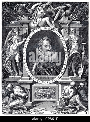 Allegorie der Herrschaft von Kaiser Rudolph II., 1552-1612, Kupfer Kupferstich von Egidius Sadeler aus dem 17. Jahrhundert, Kupferstich Stockfoto