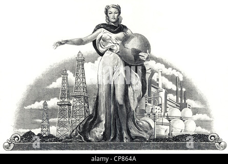 Abbildung in der Vignette einer historischen Lager Bescheinigung über eine Öl- und Gasfirma, eine junge Frau hält einen Globus vor Stockfoto