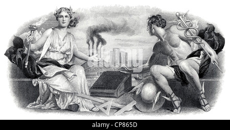 Abbildung in der Vignette eine historische Aktie der griechischen Götter, Olympia und Hermes sitzen mit einem mechanischen addi Stockfoto