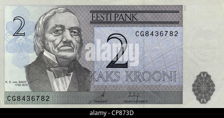 Banknote aus Estland, 2 Kronen, Karl Ernst von Baer, 2006, Banknote aus Estland, 2 Kroon Stockfoto