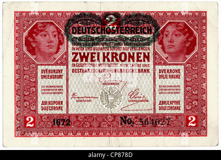 Historische Banknoten, Österreich, Deutsches Reich, Republik Deutschösterreich, Austro-ungarischen Bank, mit deutscher Beschriftung 2 Koronas, Stockfoto