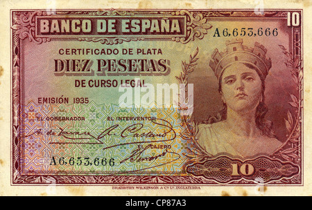 Banknote aus Spanien, 10 Peseten, 1935 Stockfoto