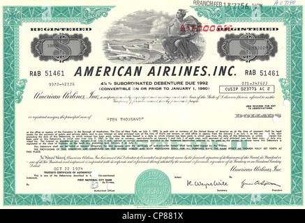 Historische Aktie, Fluggesellschft, American Airlines, Inc., 1974, USA, historischen Teilen Zertifikat Stockfoto