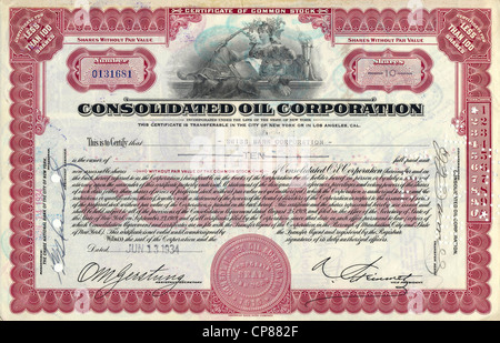 Historische Aktie, Erdölfirma, konsolidierte Oil Corporation, 1934, New York, USA, Eigentümer ist sterben Swiss Bank Corporation Stockfoto