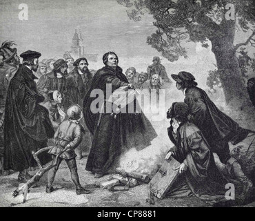 Luther, brennen die Bulle von Papst Leo X., Schauplatz von 1521, historische Gravuren, 19. Jahrhundert, Luther Verbrennt sterben Bannbulle von Pap Stockfoto