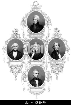 Porträts der Präsidenten der Vereinigten Staaten von Amerika, 1829-1849, Andrew Jackson, Martin Van Buren, Harrison, Stockfoto