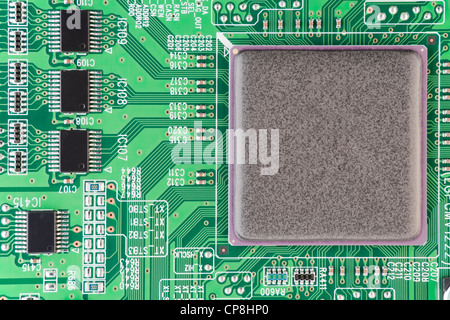 Die moderne Platine mit elektronischen Bauteilen Makro Hintergrund Stockfoto