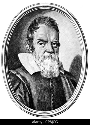 Porträt von Galileo Galilei 1564-1642, ein italienischer Philosoph, Mathematiker, Physiker und Astronom, Historische Zeichnung Stockfoto