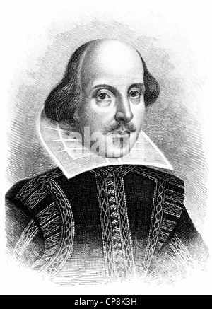 William Shakespeare, 1564-1616, ein englischer Dramatiker, Dichter und Schauspieler, Historischer Kupferstich, Porträt von William Shakespe Stockfoto