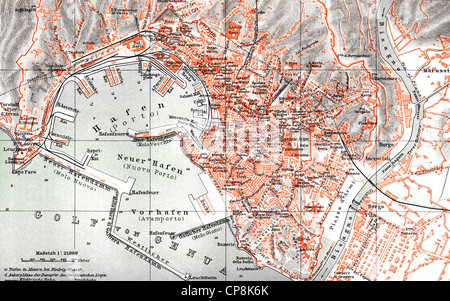 Historische Karte von Genua, 1890; Historischer attraktivem von Genua, Italien, 1890 Stockfoto