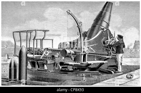 Historische Darstellung aus dem 19. Jahrhundert, Darstellung von einer deutschen Küsten Haubitze von Krupp Stockfoto